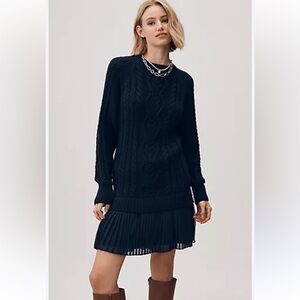 Black Cable Knit Sweater dress with Pleated Hem